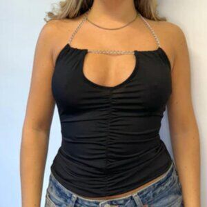 Vintage Black Halter Keyhole Neck Tank Top Cami with Silver Chain Size Small
